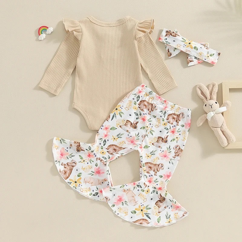 Khaki Neutral Floral Bunny Print Girls Easter 3-Piece Outfit