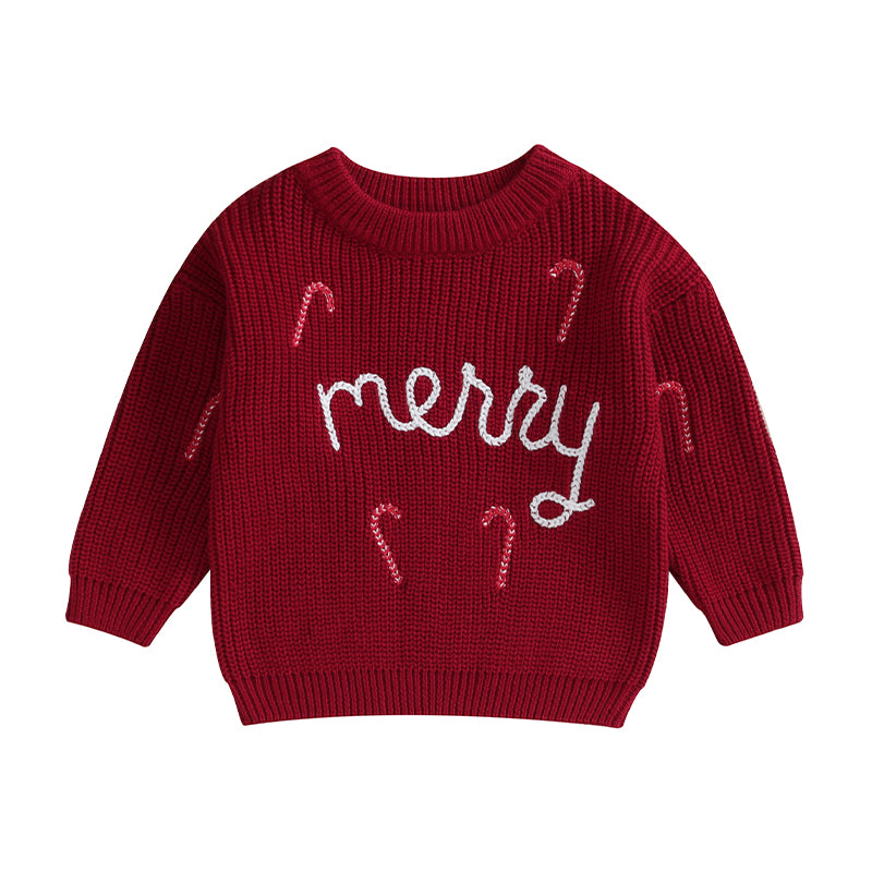 'Merry' Candy Cane Embroidered Christmas Pullover Sweater