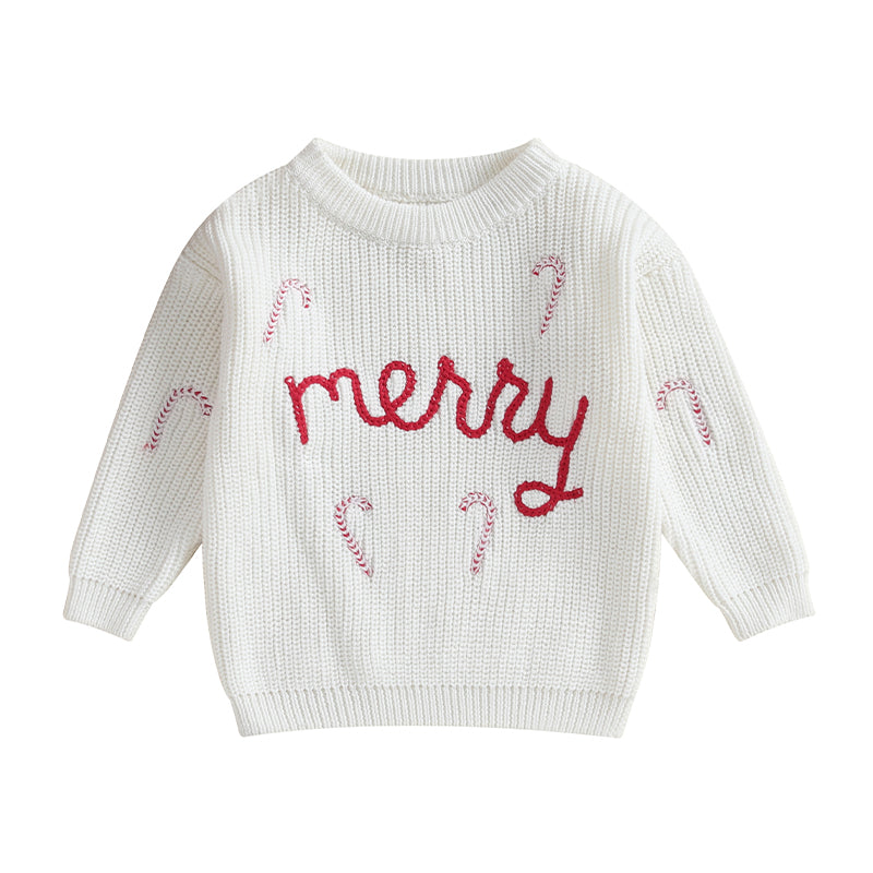 'Merry' Candy Cane Embroidered Christmas Pullover Sweater