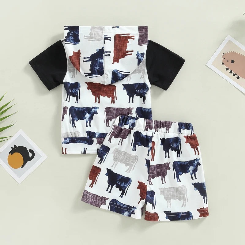 Baby Boy Cattle Print Hooded Shirt & Shorts Set