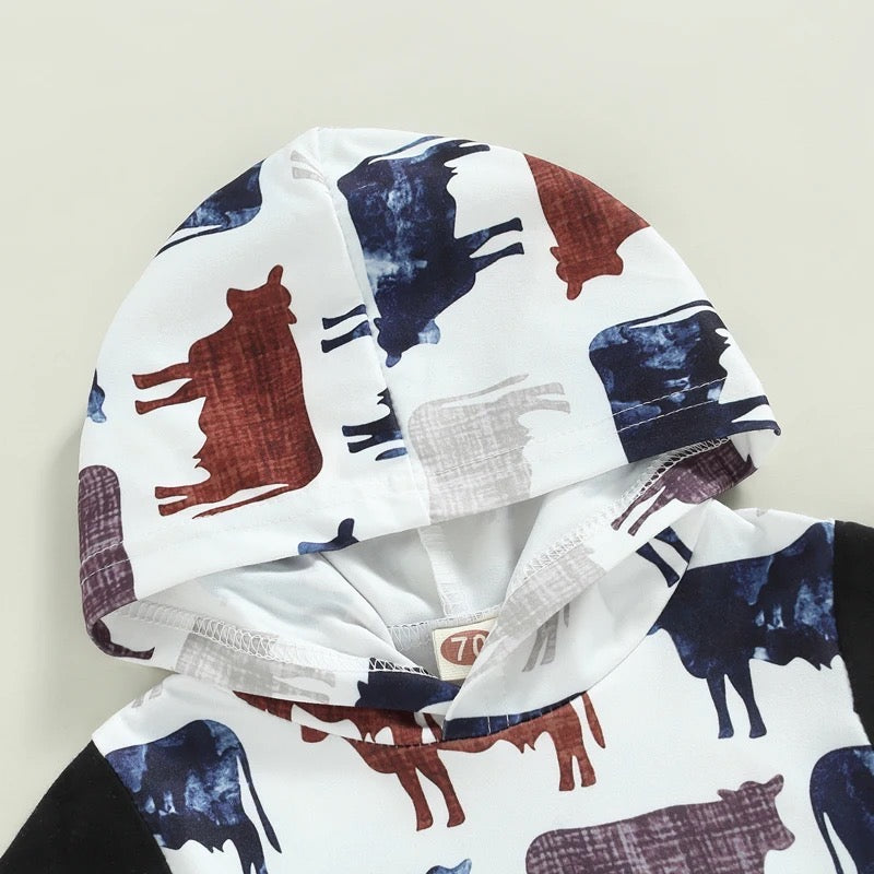 Baby Boy Cattle Print Hooded Shirt & Shorts Set