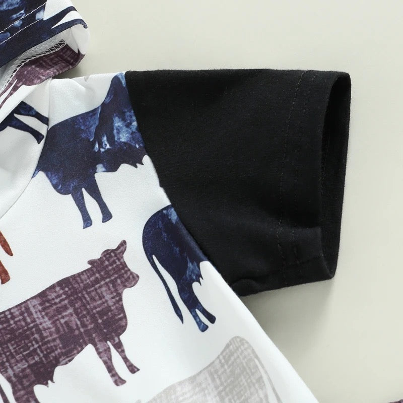 Baby Boy Cattle Print Hooded Shirt & Shorts Set