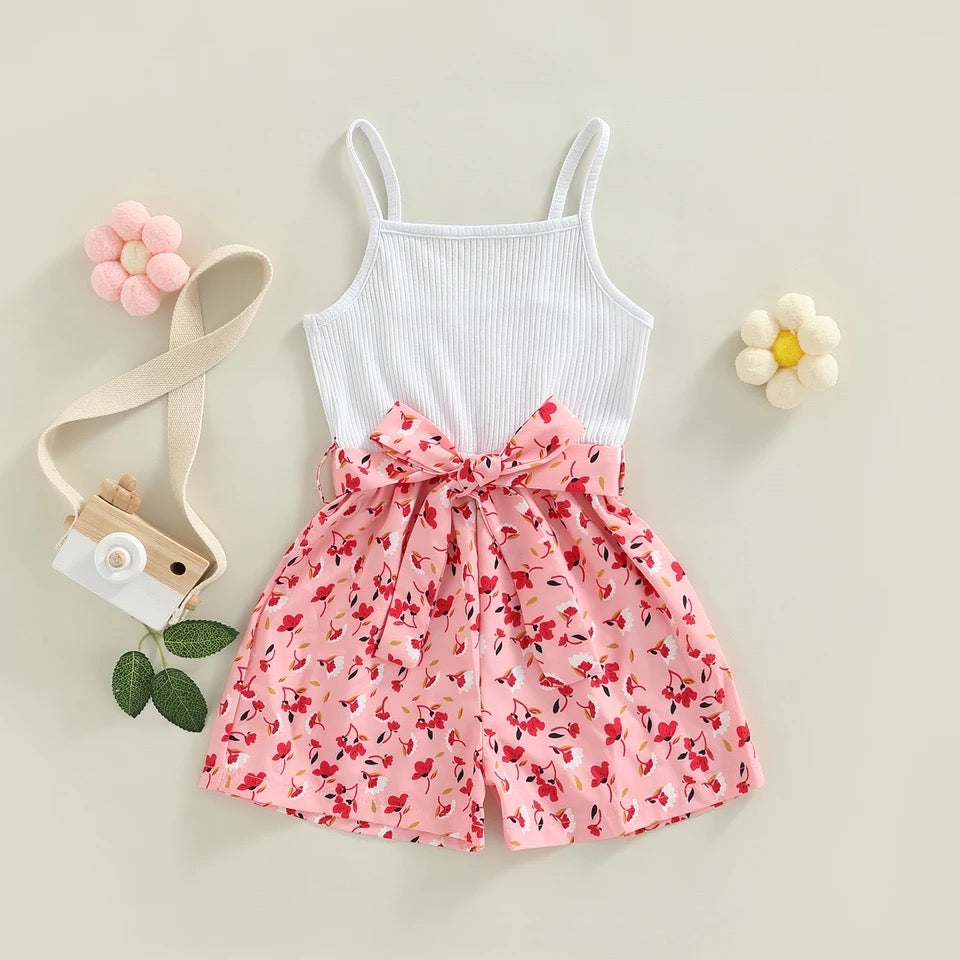 Toddler Girl Sleeveless Printed Jumpsuit with Belt