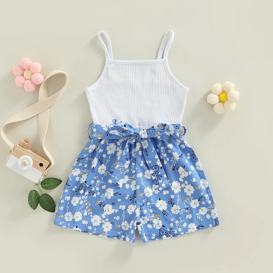 Toddler Girl Sleeveless Printed Jumpsuit with Belt