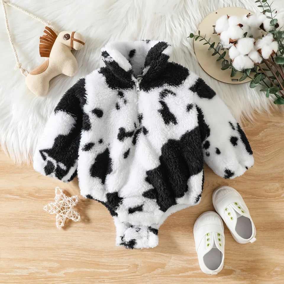 Soft Cow Print Pullover Zipper Romper
