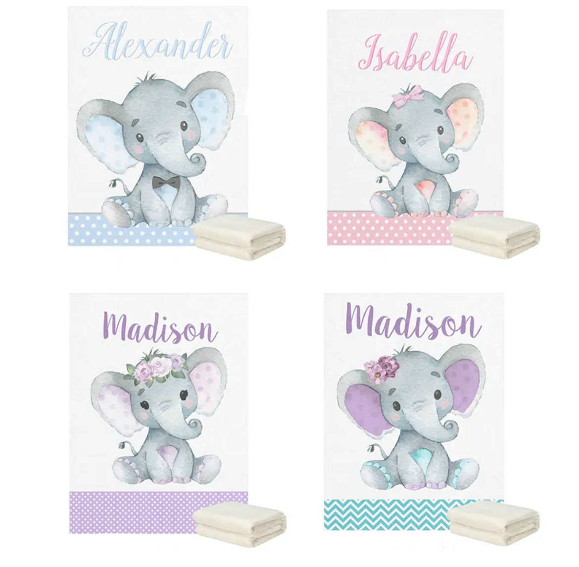 Elephant Personalized Flannel Fleece Baby Blankets