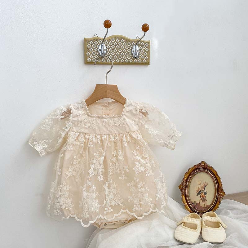 Short-Sleeve Floral Lace Romper Dress