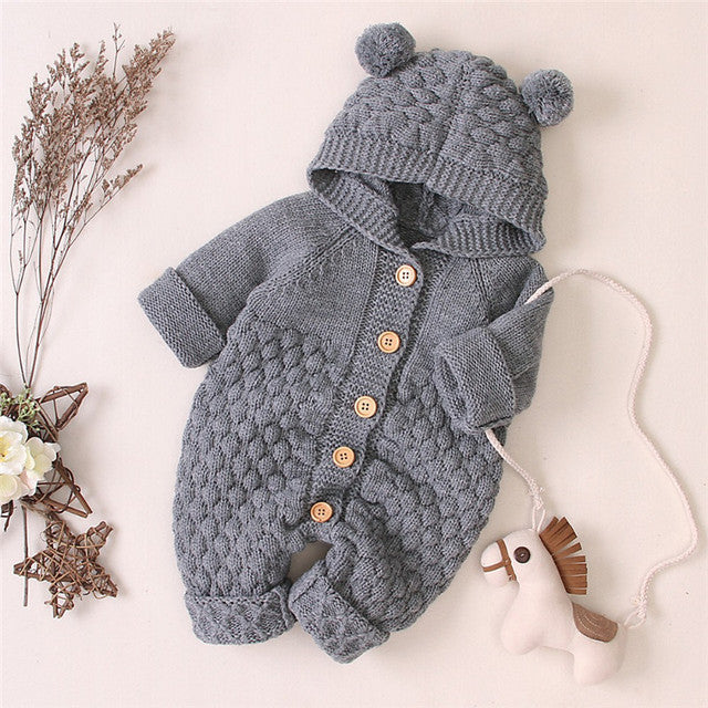 Long Sleeve Knitted Baby Pom Pom Ears Romper Hoodie