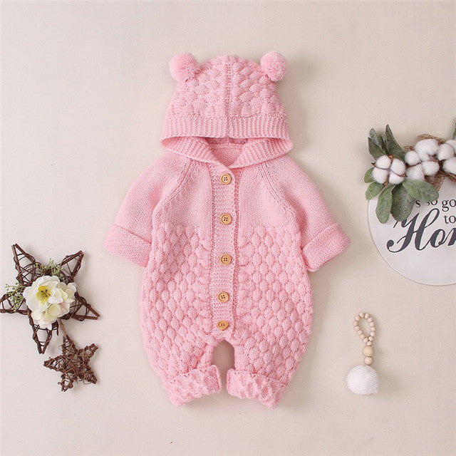 Long Sleeve Knitted Baby Pom Pom Ears Romper Hoodie