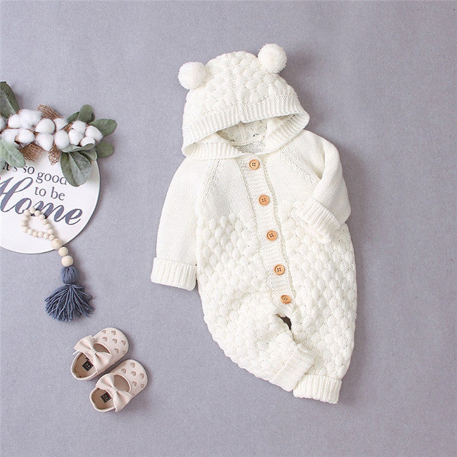 Long Sleeve Knitted Baby Pom Pom Ears Romper Hoodie
