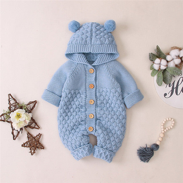 Long Sleeve Knitted Baby Pom Pom Ears Romper Hoodie