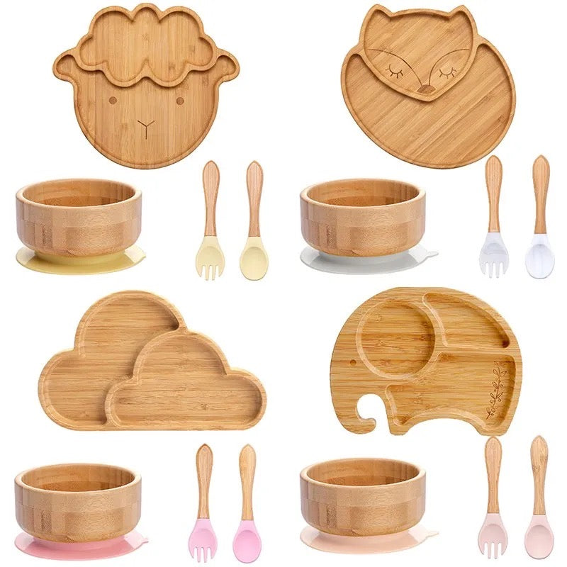 4-Piece Set | Animal Bamboo Suction Plate + Bowl & Cutlery