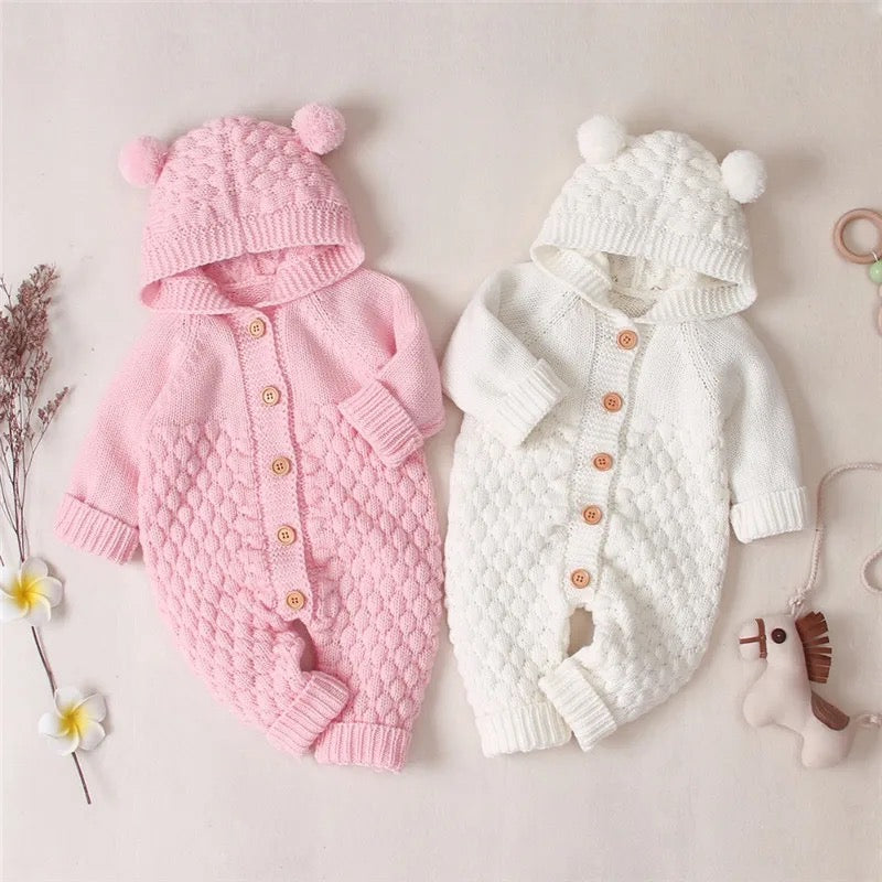 Long Sleeve Knitted Baby Pom Pom Ears Romper Hoodie