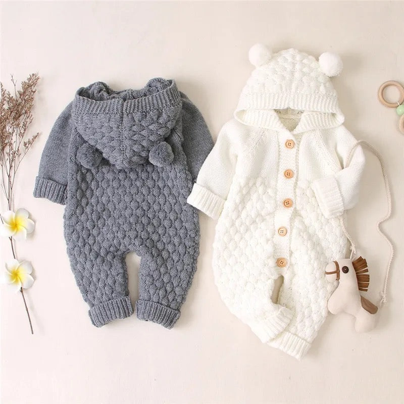 Long Sleeve Knitted Baby Pom Pom Ears Romper Hoodie
