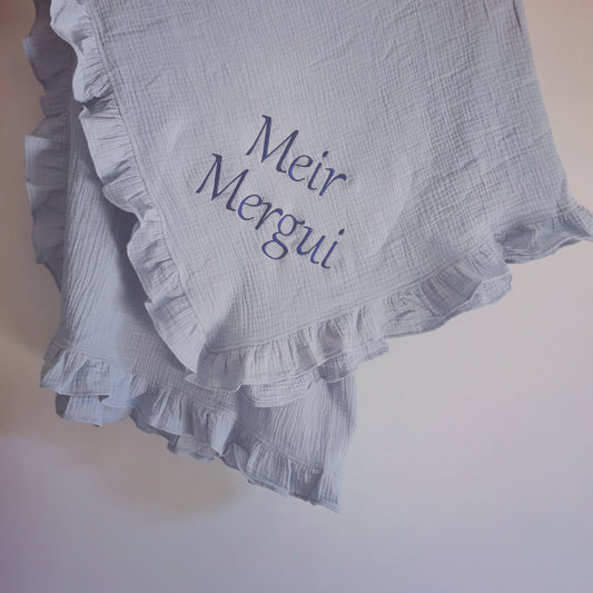 Ruffled Muslin Swaddle | Personalized Embroidered Baby Blanket