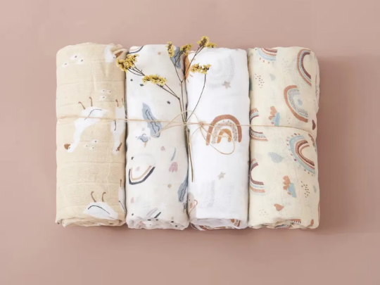 4 Pcs Baby Muslin Swaddles | 120x110cm Bamboo Cotton Swaddles