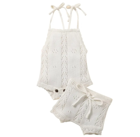 Knitted Laced-Up Backless Romper + Drawstring Shorts Baby Set