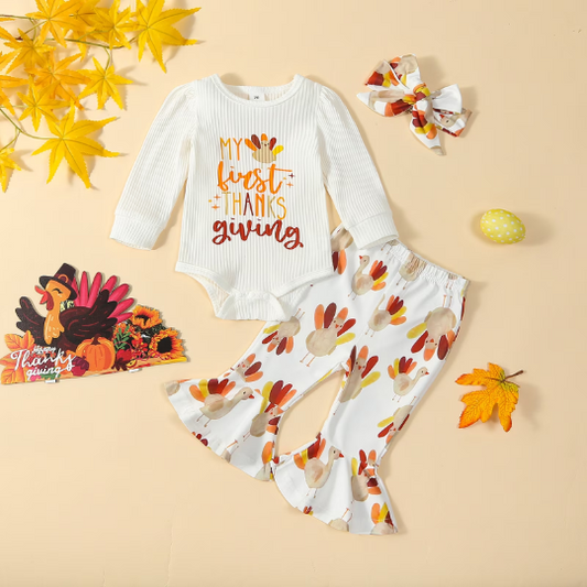 3-Piece Set | My First Thanksgiving Baby Girl Outfit