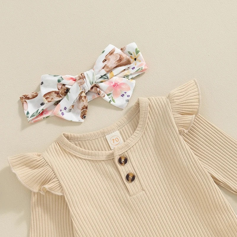 Khaki Neutral Floral Bunny Print Girls Easter 3-Piece Outfit