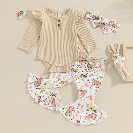 Khaki Neutral Floral Bunny Print Girls Easter 3-Piece Outfit