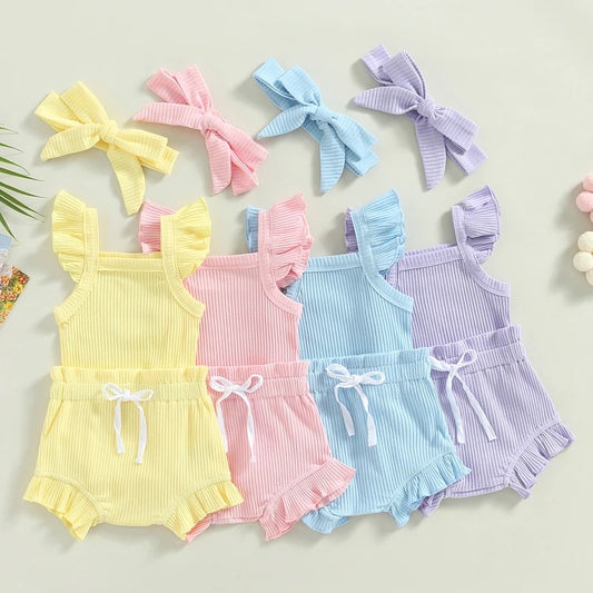 3-Piece Set | Pastel Ruffled Tank Top + Bummie Shorts + Headband Set