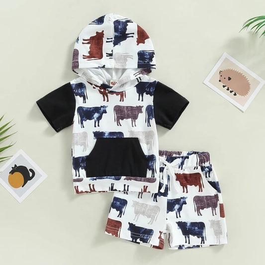 Baby Boy Cattle Print Hooded Shirt & Shorts Set
