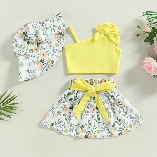 3-Piece Set | Sleeveless Tank Top, Floral Skirt with Belt and Sun Hat