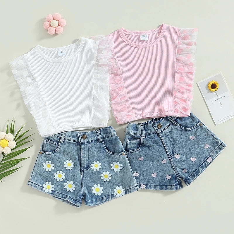 Daisies & Hearts Tulle Sleeveless Top & Shorts Outfit
