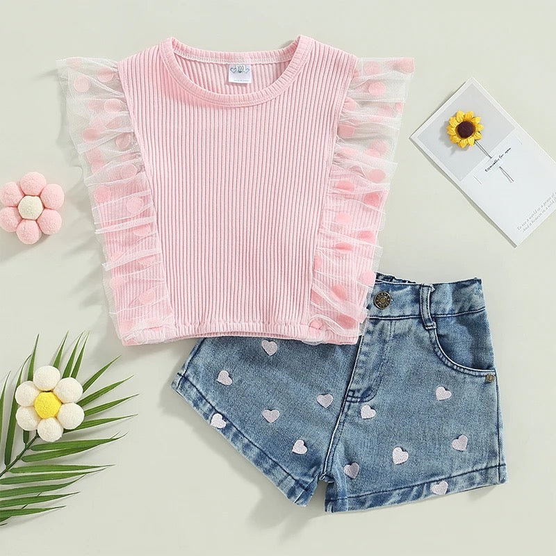 Daisies & Hearts Tulle Sleeveless Top & Shorts Outfit