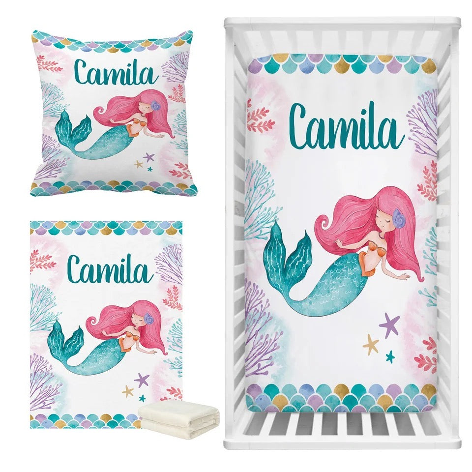 Personalized Baby Bedding Set | Bamboo Fitted Sheet, Pillow Cover & Fleece Blanket