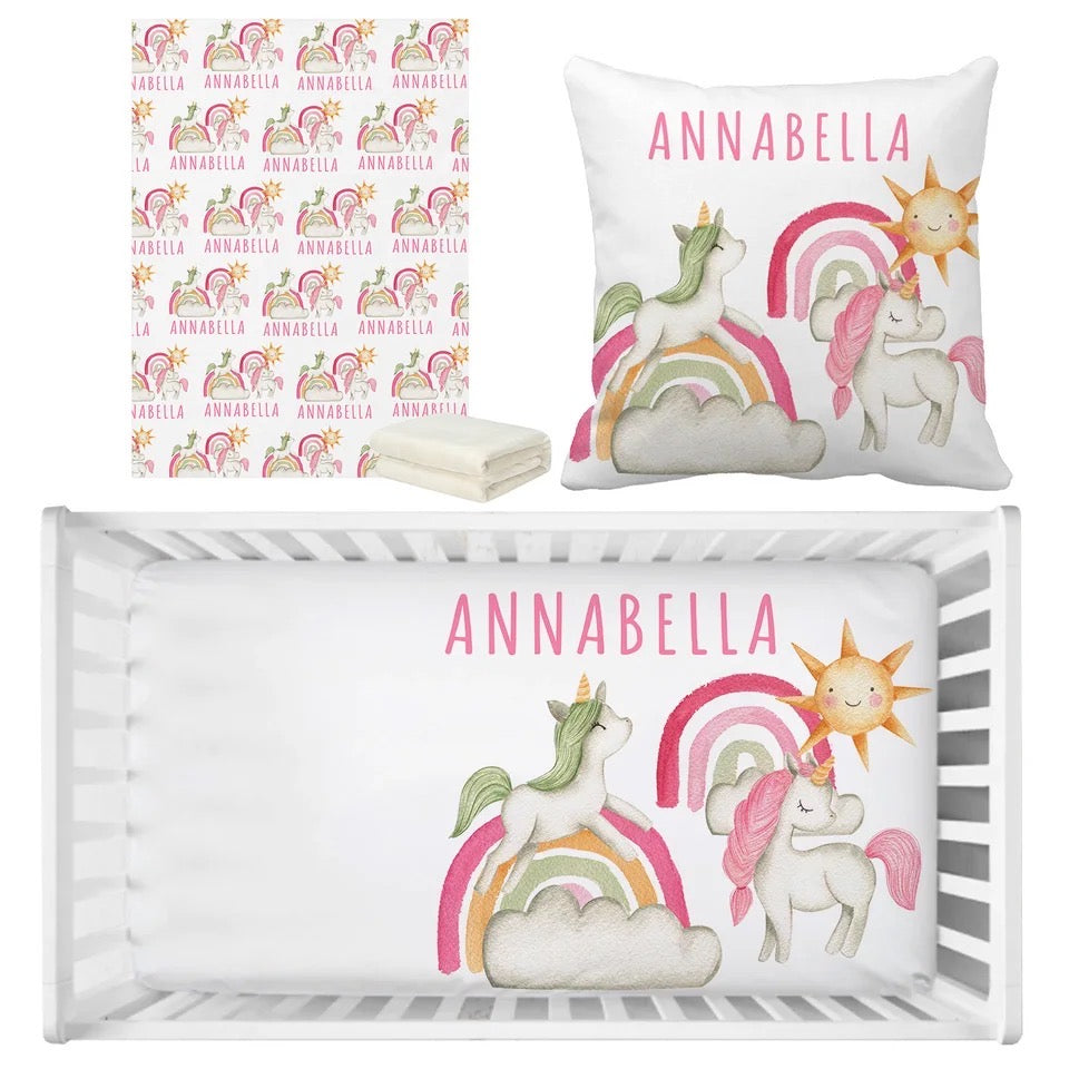 Personalized Baby Bedding Set | Bamboo Fitted Sheet, Pillow Cover & Fleece Blanket