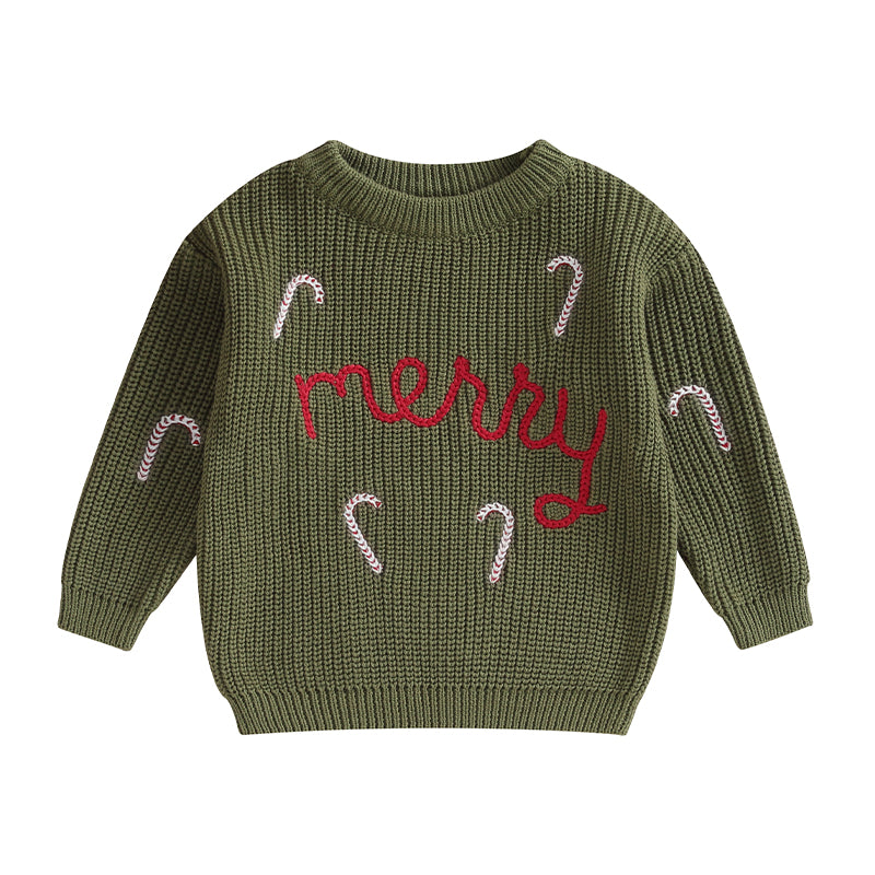 'Merry' Candy Cane Embroidered Christmas Pullover Sweater