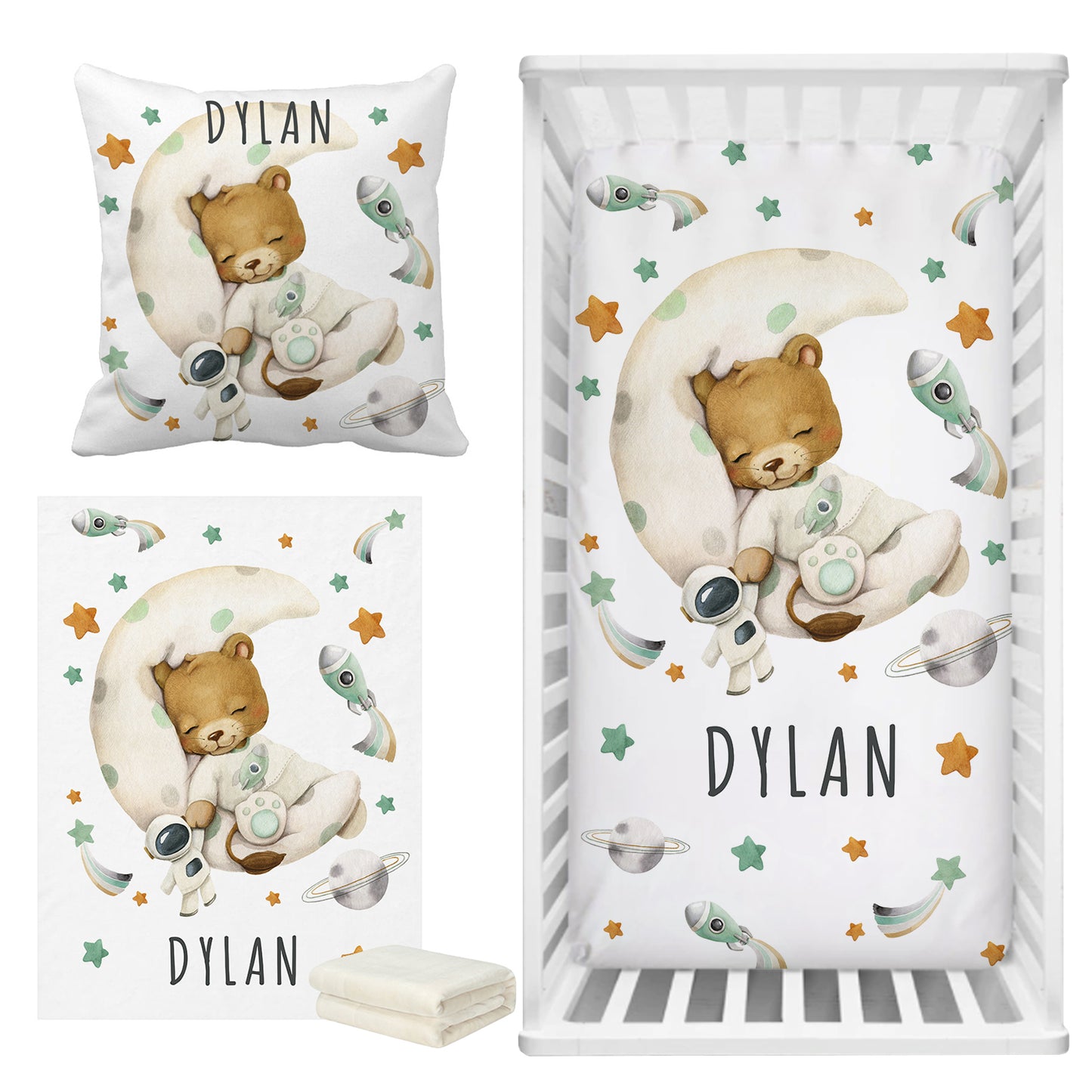 Personalized Baby Bedding Set | Bamboo Fitted Sheet, Pillow Cover & Fleece Blanket