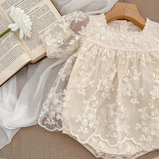 Short-Sleeve Floral Lace Romper Dress