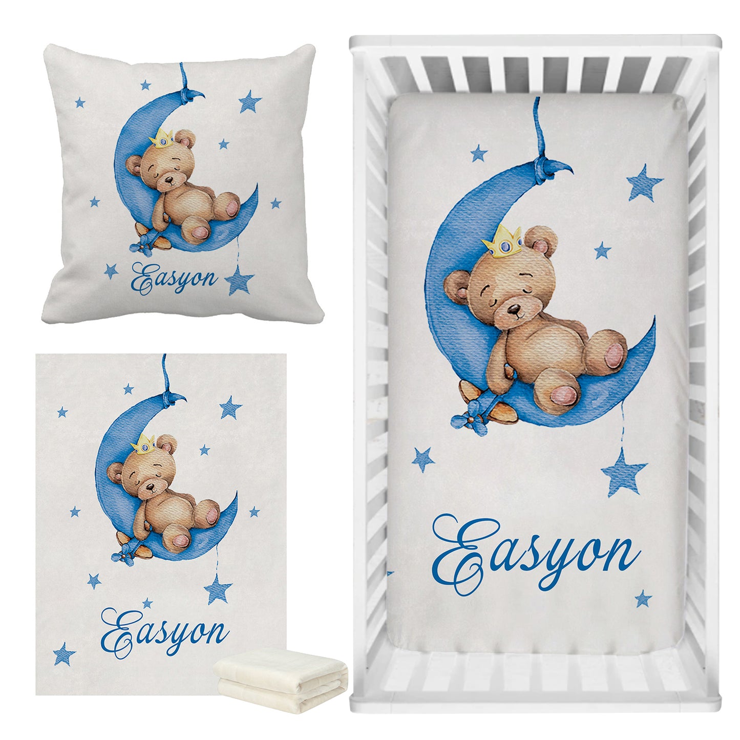 Personalized Baby Bedding Set | Bamboo Fitted Sheet, Pillow Cover & Fleece Blanket