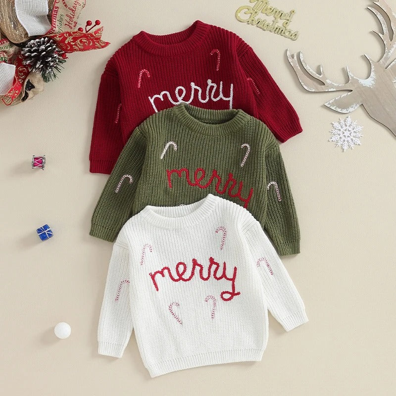 'Merry' Candy Cane Embroidered Christmas Pullover Sweater