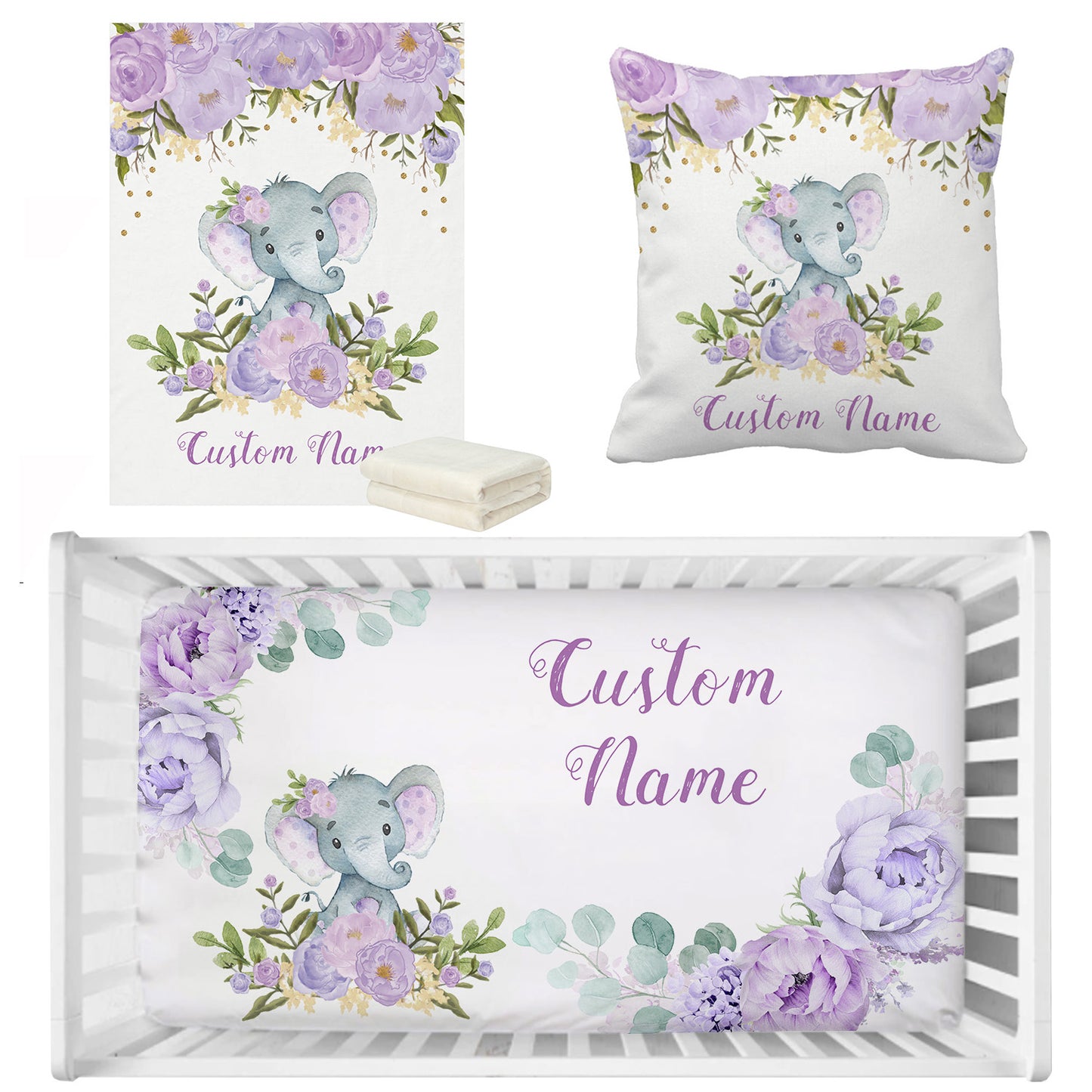 Personalized Baby Bedding Set | Bamboo Fitted Sheet, Pillow Cover & Fleece Blanket