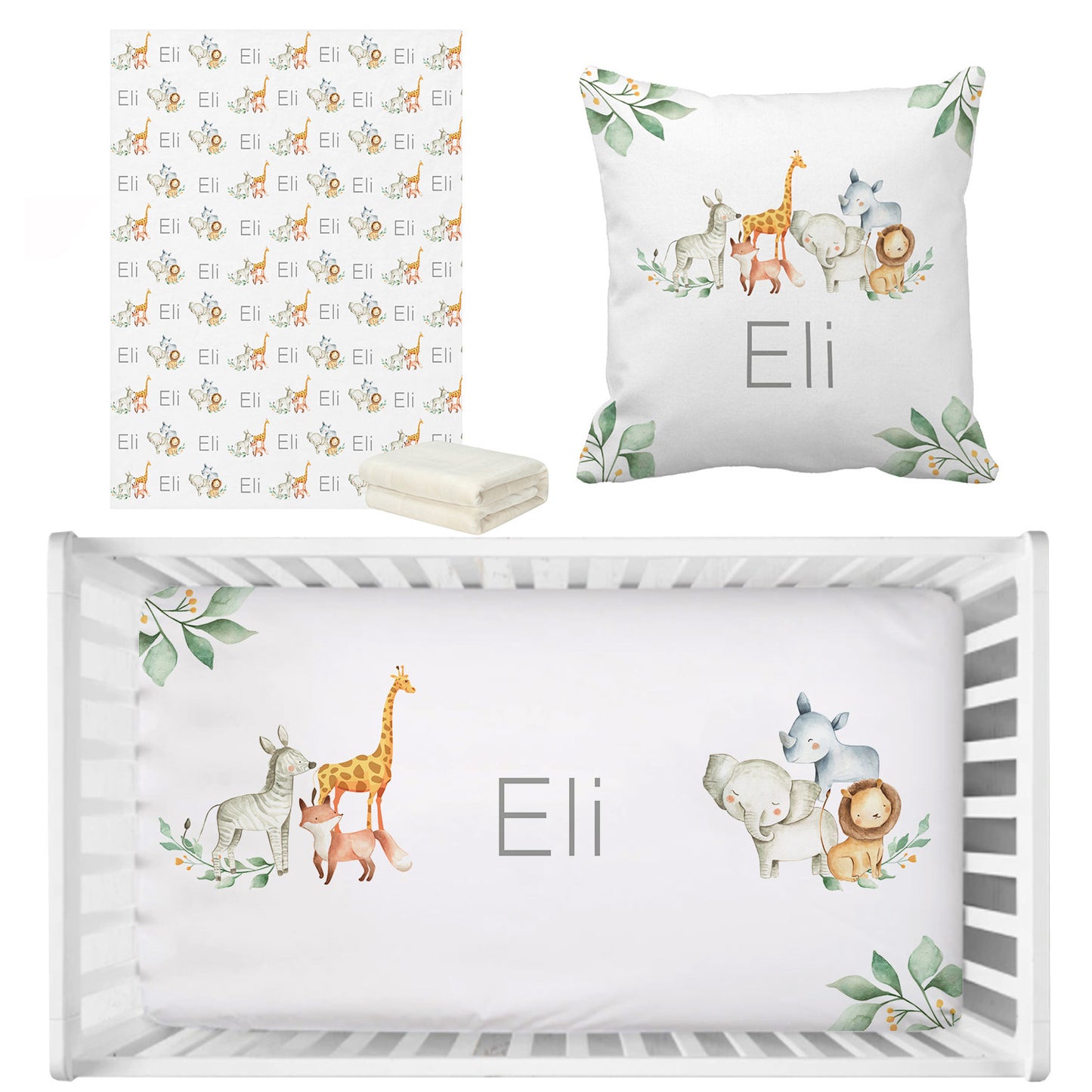 Personalized Baby Bedding Set | Bamboo Fitted Sheet, Pillow Cover & Fleece Blanket