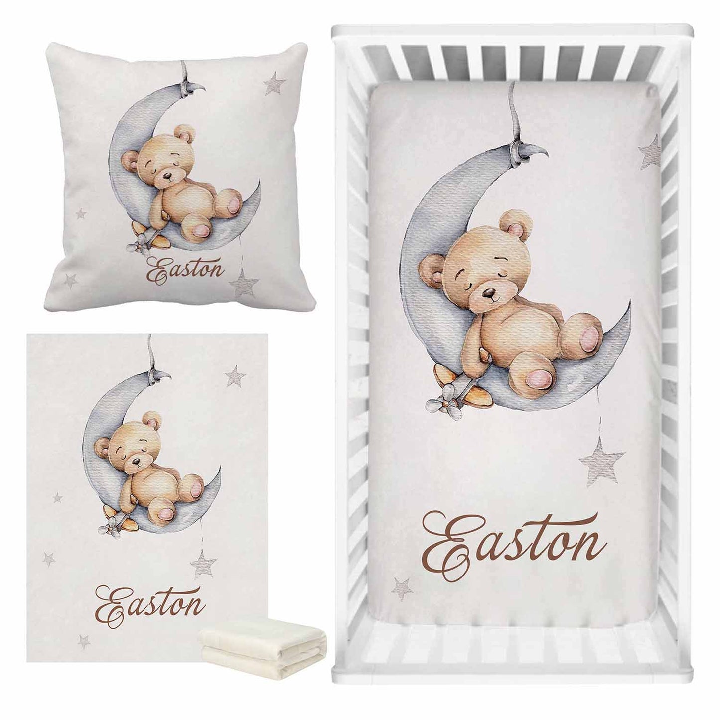 Personalized Baby Bedding Set | Bamboo Fitted Sheet, Pillow Cover & Fleece Blanket