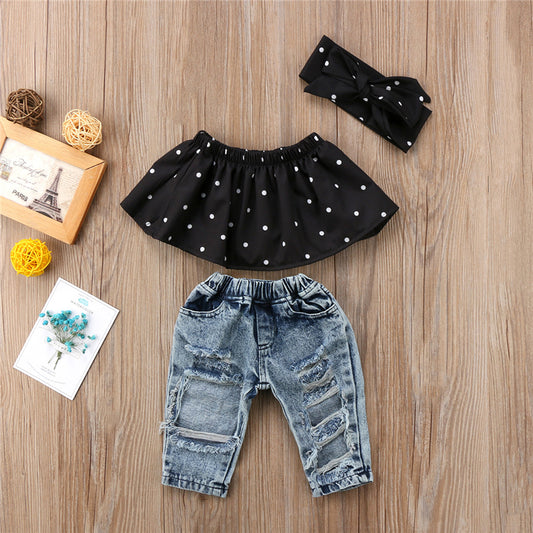 Off-Shoulder Top, Denim Pants, & Headband Set