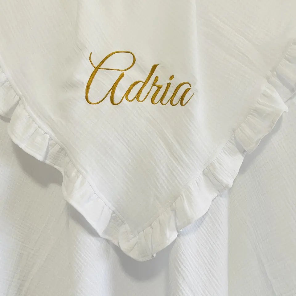 Ruffled Muslin Swaddle | Personalized Embroidered Baby Blanket