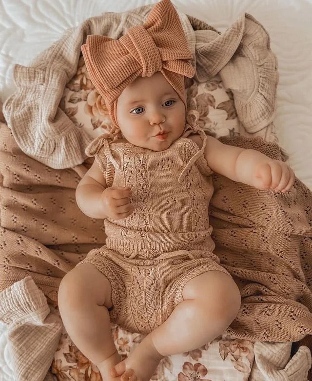 Knitted Laced-Up Backless Romper + Drawstring Shorts Baby Set