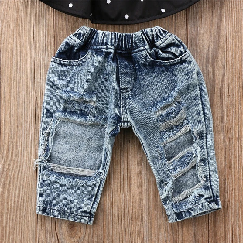 Off-Shoulder Top, Denim Pants, & Headband Set