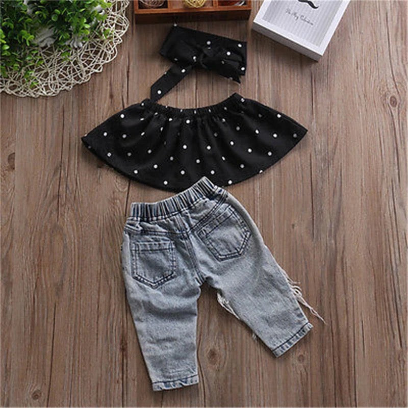 Off-Shoulder Top, Denim Pants, & Headband Set