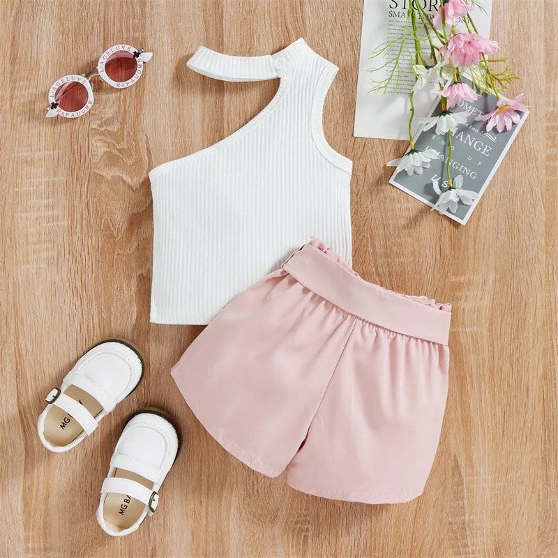 Baby Girl Sleeveless Shoulder Halter Top & Waist Belt Shorts