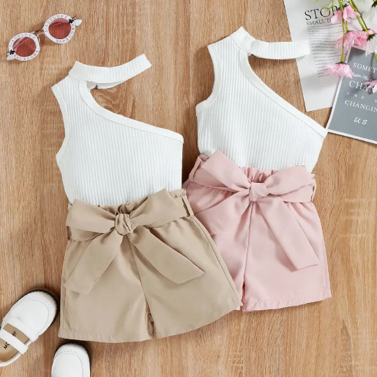 Baby Girl Sleeveless Shoulder Halter Top & Waist Belt Shorts