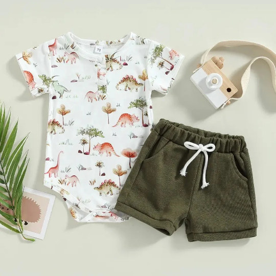 2 Piece Set | Dinosaur Short Sleeve Onesie + Shorts