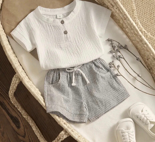 2 Piece Set | White Shirt & Striped Shorts Baby Boy Set