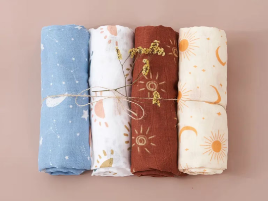 4 Pcs Baby Muslin Swaddles | 120x110cm Bamboo Cotton Swaddles