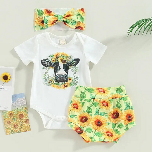 Cowgirl Sunflower Onesie, Bummy Shorts & Headband Matching Outfit